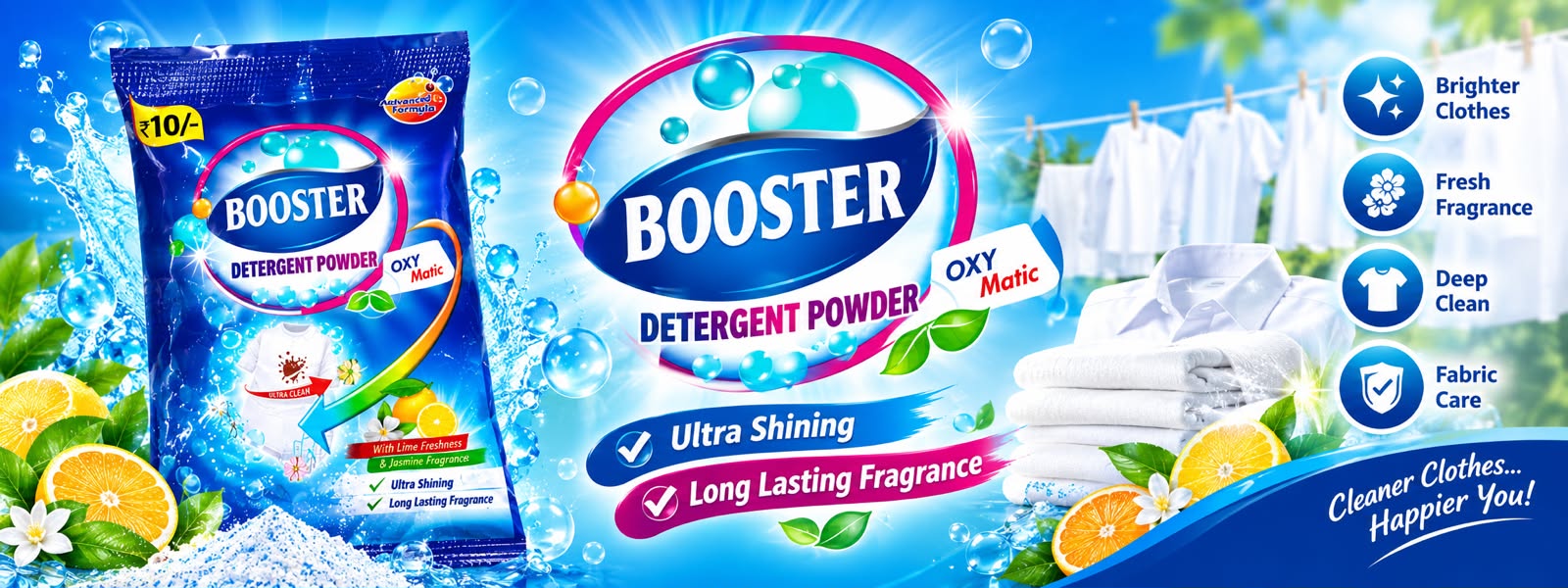 Booster detergent promotional banner with a blue packet, lime, flowers and freshly washed white clothes